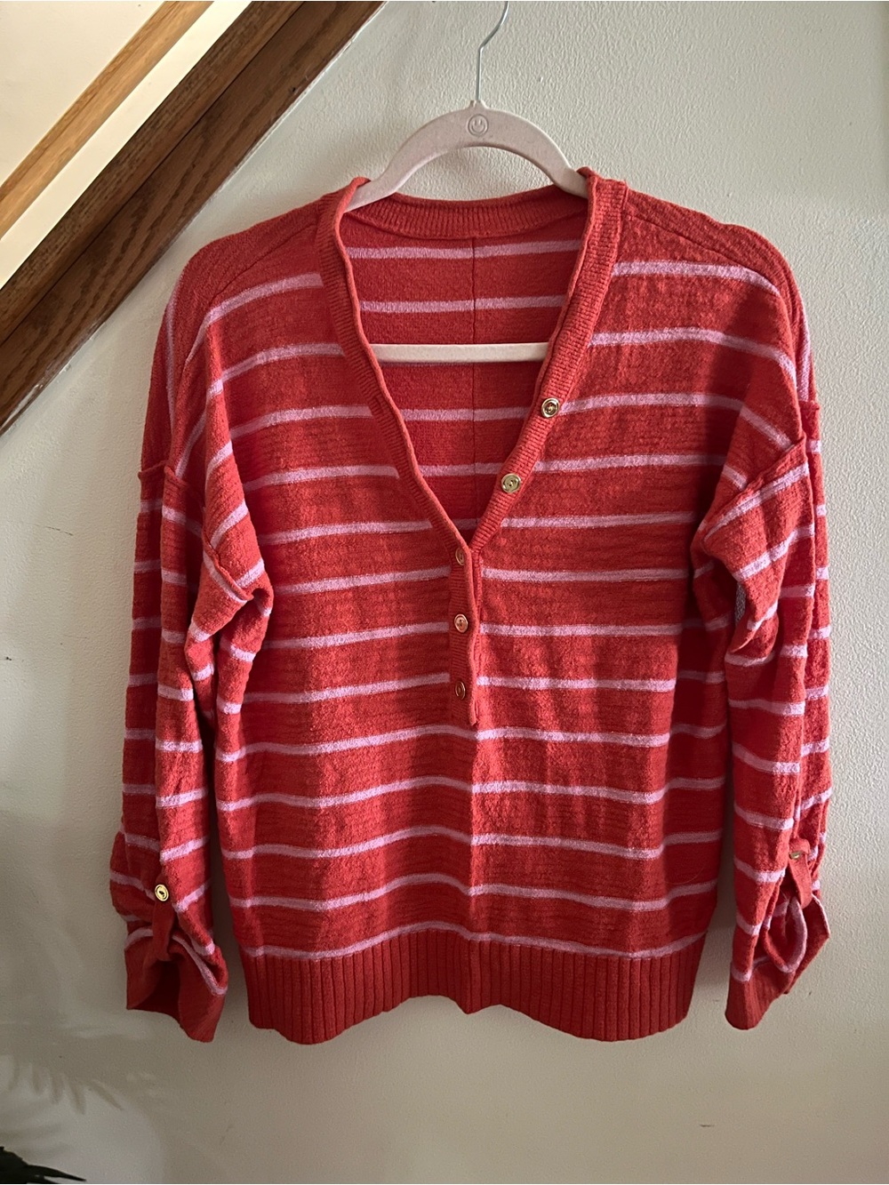 Striped V-Neck Button Pullover Sweater - Coral Pink